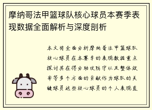 摩纳哥法甲篮球队核心球员本赛季表现数据全面解析与深度剖析